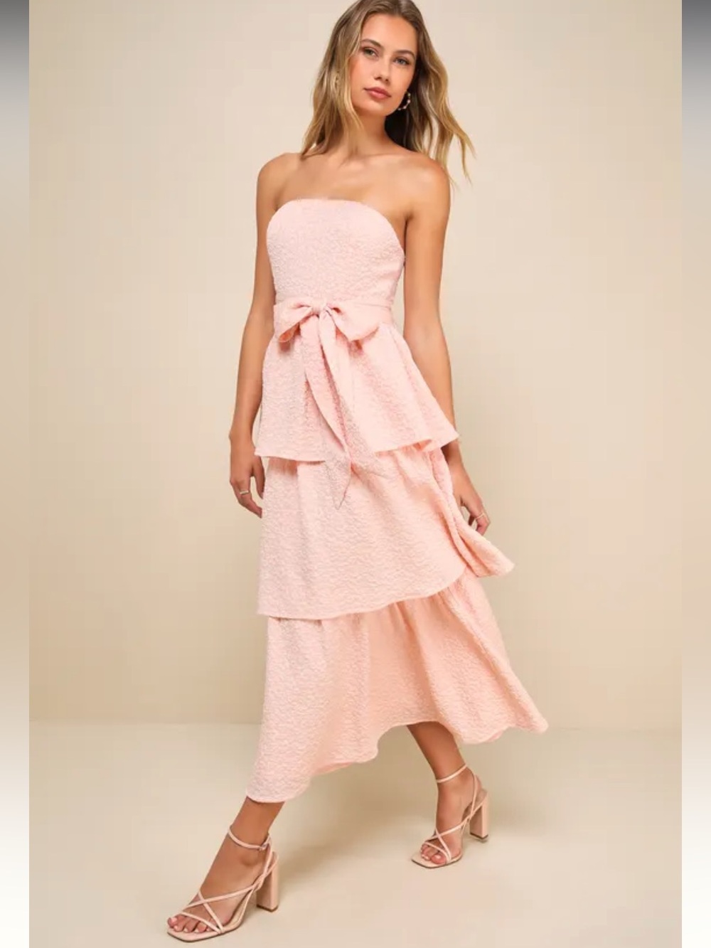 Lulus Truly Marvelous Blush Pink Jacquard Strapless Tiered Midi Dress Size XL - Picture 3 of 7